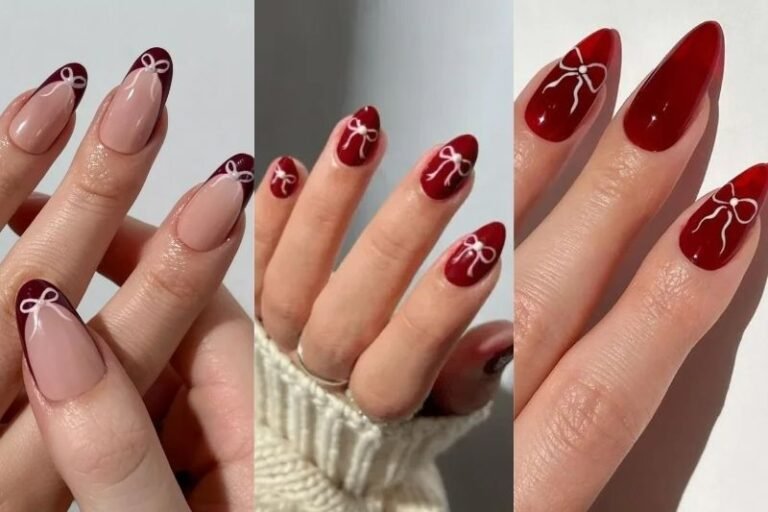 10 Awesome Burgundy Chrome Nails with White Bow Design