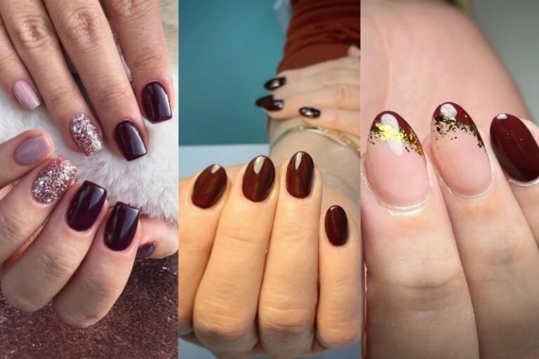 Burgundy short Nail designs